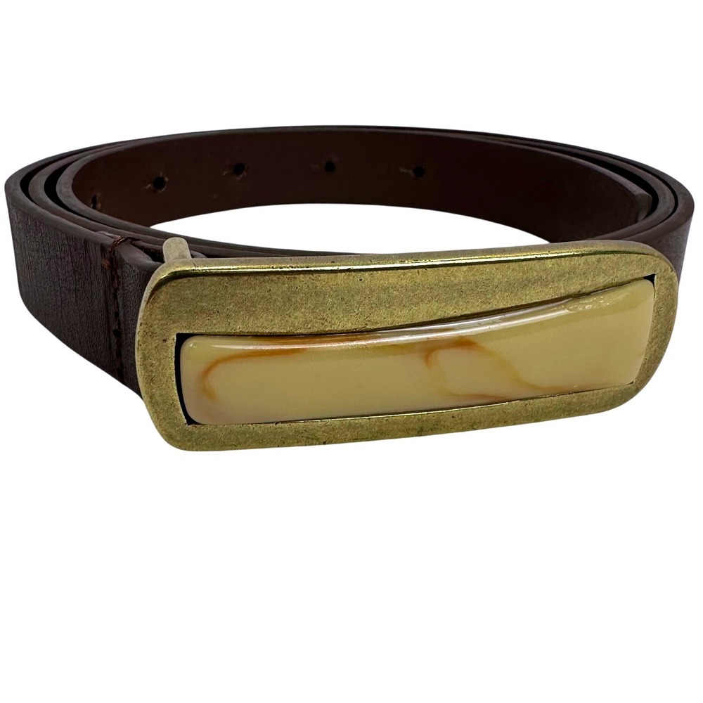 VTG style Genuine Leather brown w/ Large Brass Marbled Buckle Cream Inlay Boho